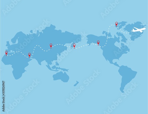 Airplane line path vector icon of air plane flight route with start point. Plane and its track on white background. Vector illustration.
