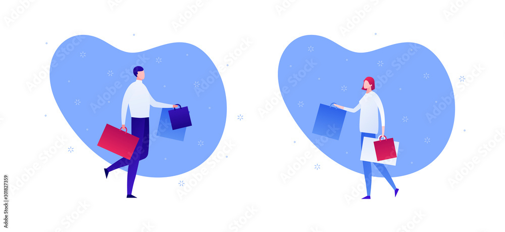 Vector flat gift box christmas holiday sale people illustration. Male and female with shopping bag isolated on white background. Shopping concept. Design element for banner, poster, web, infographic