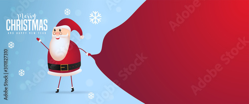 Santa Claus with a huge bag on the walk to delivery christmas gifts at snow fall.Merry Christmas text  Lettering Vector illustration.