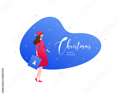 Vector flat christmas celebration people illustration. Female in santa claus outfit with gift bag and snow sign isolated on white background. Holiday concept. Design element for banner, poster, web