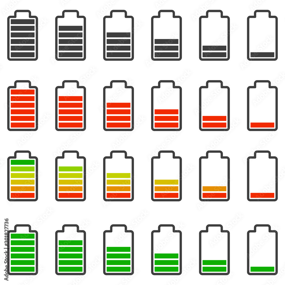 Battery charge icons set. Various styles of performance and color filling the energy consumption scale. Vector on a white background