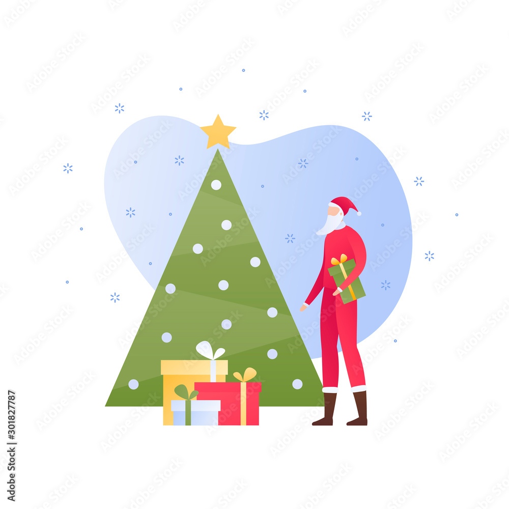 Vector flat christmas celebration people illustration. Man in santa claus outfit with stack of gift box and decorated tree isolated on white background. Holiday concept. Design for banner, poster, web