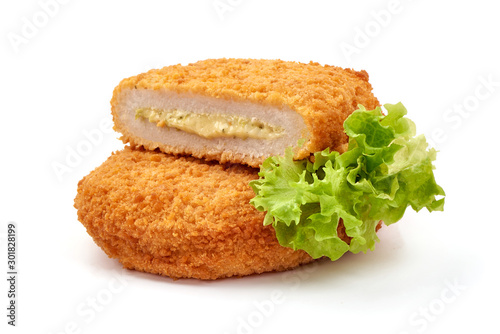 Εκτύπωση καμβά Chicken cordon bleu with cheese in breadcrumbs, swiss food, isolated on white ba