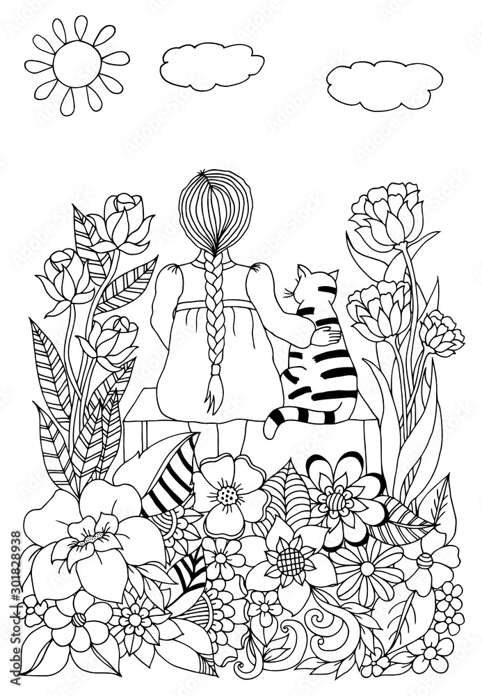 Fototapeta Vector illustration girl with cats in colors sitting on a bench. Coloring book anti stress for adults.Black and white.