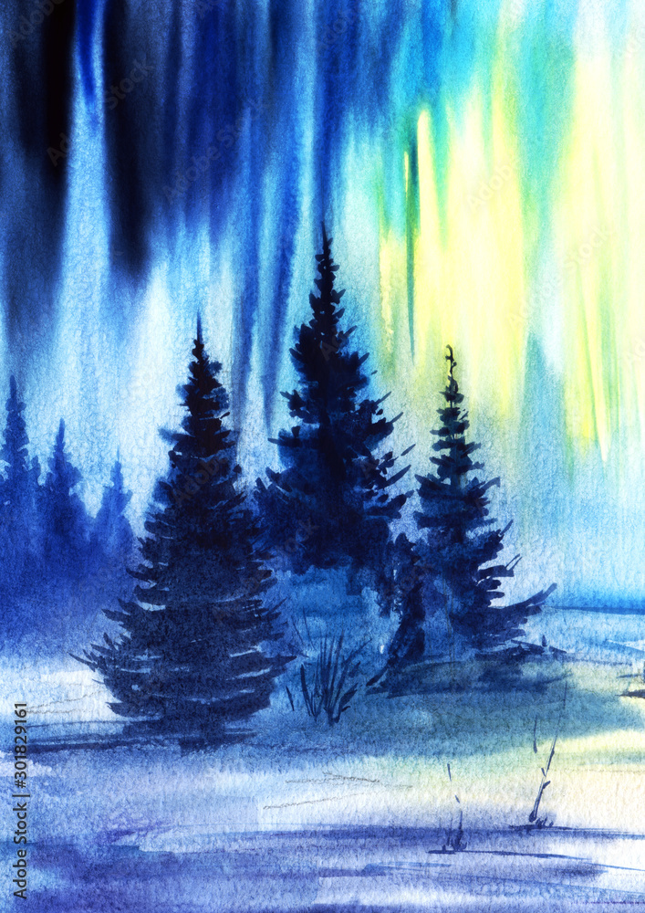 Watercolor winter landscape in cold colors. Northern Lights. Aurora borealis. Dark blue silhouettes of slender fir trees. Coniferous forest against a shining sky. Hand drawn watercolor illustration