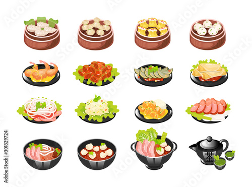 Chinese dishes color icons set. Dim sum types with meat and vegetables filling. Spring rolls and vegetable salad. Eastern traditional cuisine. Noodle spicy soup. Isolated vector illustrations