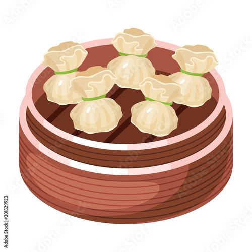 Chinese dim sum color icon. Asian small bite dish in basket. Eastern traditional cuisine. Steamed buns with different fillings. Dumpling with meat, vegetables, spices. Isolated vector illustration