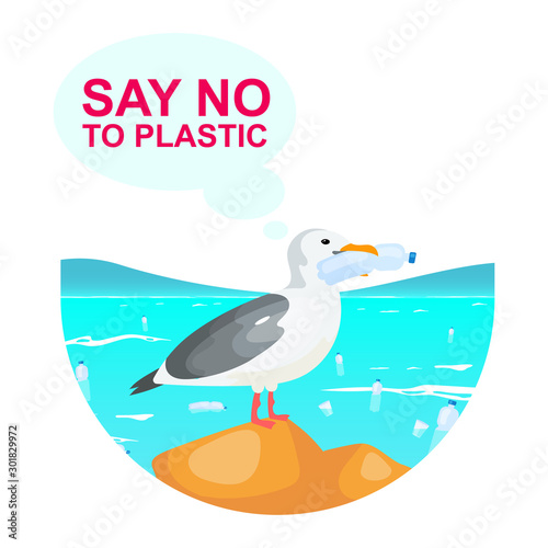 Plastic pollution in ocean problem flat concept icon. Seagull with bottle. Bird holding in beak disposable container sticker, clipart. Isolated cartoon illustration on white background