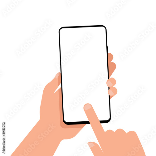 Mobile phone with a blank screen in hand. Mockup. EPS 10