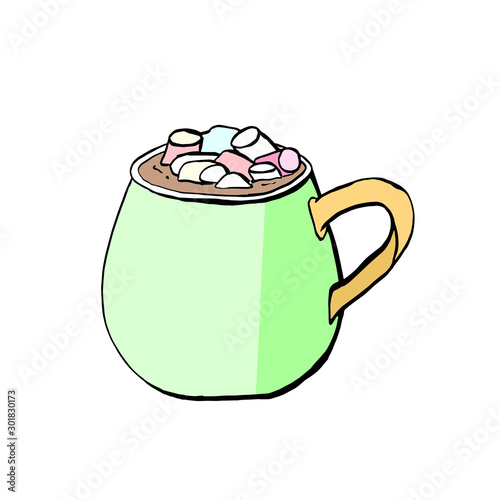 Glass of cocoa and a cup of coffee with marshmallows for a cafe menu in the vector drink for children isolated