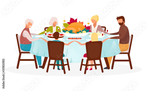 Thanksgiving day flat vector illustration. Fall annual holiday celebration. Festive meal. Celebrating harvest together. Family dinner with turkey isolated cartoon character on white background