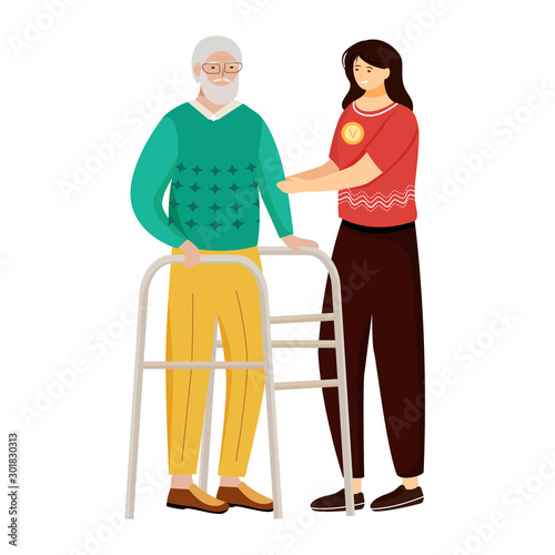 Elderly nursing flat vector illustration. Happy retiree and nurse isolated cartoon characters on white background. Young woman taking care of aged man. Family support, volunteer work design element