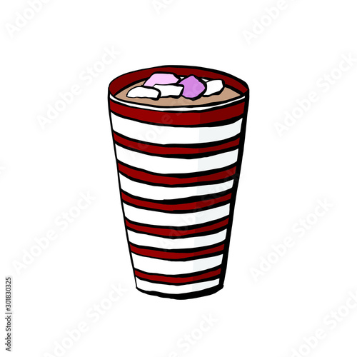 Glass of cocoa and a cup of coffee with marshmallows for a cafe menu in the vector drink for children isolated