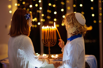 Kids celebrating Hanukkah. Festival of lights.