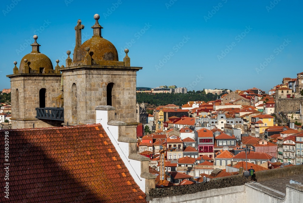 The double bell towers of the Sao Lourenco church in Porto, Portugal.