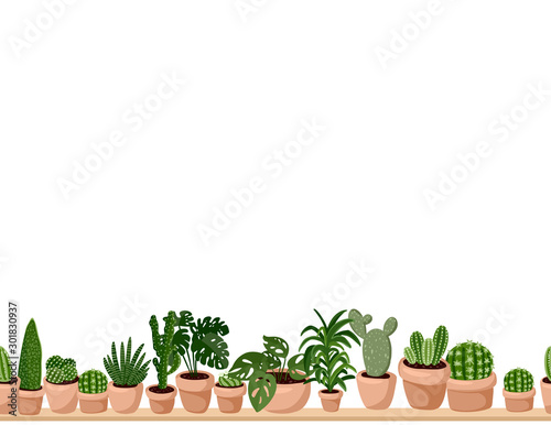 Cute set of hygge potted succulent plants seamless pattern. Letter format lagom scandinavian style decoration background texture tile. Space for text