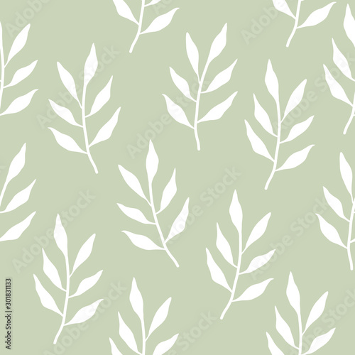 Seamless branches decorative ornamental pattern. Endless elegant vintage texture with white leaves on green background. Tempate for fabric, wallpaper, backgrounds, wrapping paper, package, covers