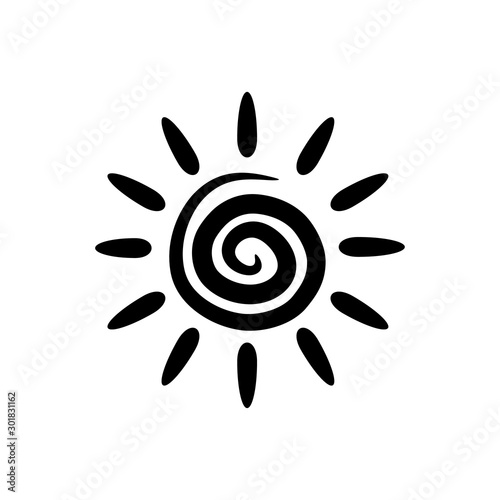 Spiral vector sun with rays. Isolated black line illustration. Simple design element, logo, icon.
