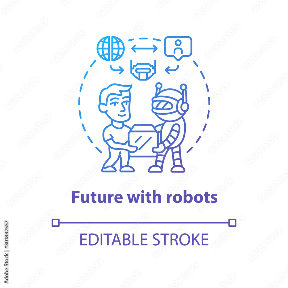 Future with robots blue gradient concept icon. Robotics in society idea thin line illustration. Interaction with technologies. Contemporary delivery. Vector isolated outline drawing. Editable stroke
