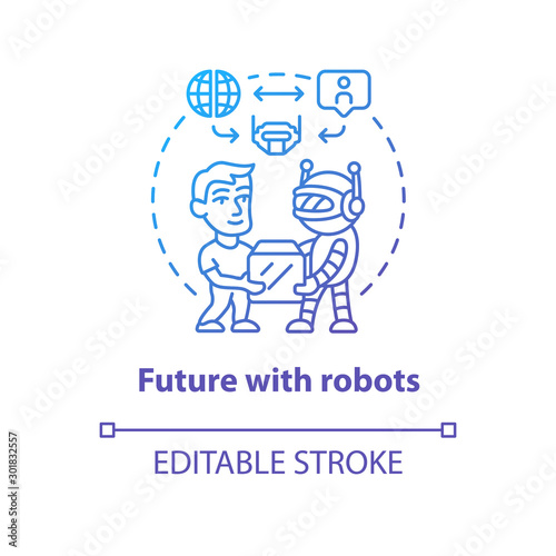 Future with robots blue gradient concept icon. Robotics in society idea thin line illustration. Interaction with technologies. Contemporary delivery. Vector isolated outline drawing. Editable stroke