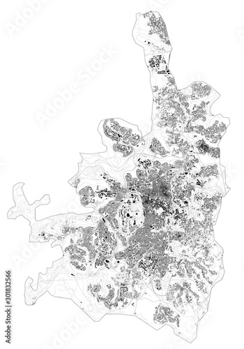 Satellite map of Jerusalem and buildings, Israel. Map roads, ring roads and highways, rivers. Transportation map photo