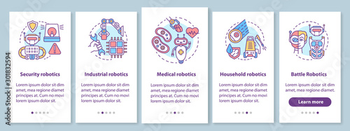 Types robotics onboarding mobile app page screen with linear concepts. Guard, industrial, medical, battle robots walkthrough steps graphic instructions. UX, UI, GUI vector template with illustrations