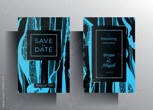 Design wedding invitation set of cards. A turquoise texture frame on a black background is manually drawn. Vector 10 EPS.