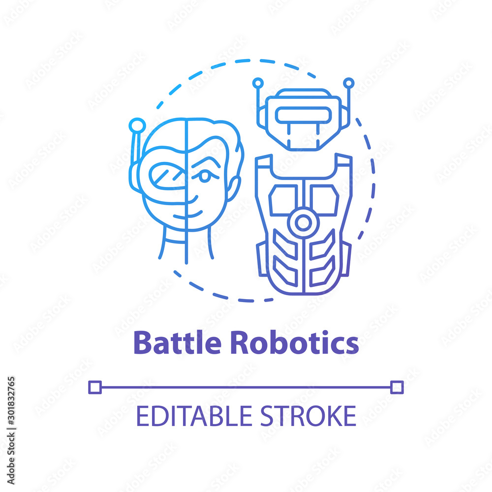 Battle robotics blue gradient concept icon. Transformers idea thin line illustration. Types of robots. Computer machine combat, fighting. Vector isolated outline drawing. Editable stroke