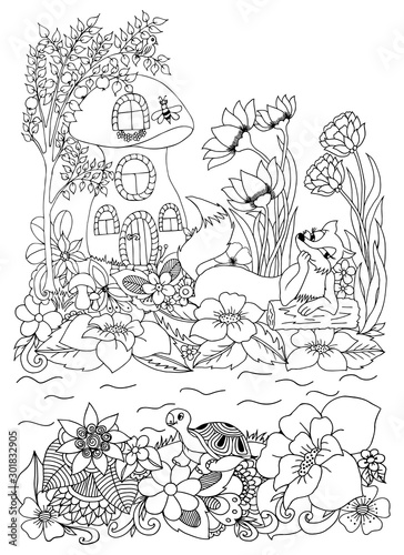 Vector illustration fox near the house and rivers in the flowers. Coloring Book  anti-stress for adults. Black and white.