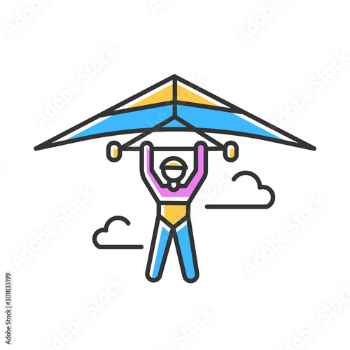 Hang gliding color icon. Hangglider pilot flying. Extreme air sport. Skydiving stunt. Adrenaline flights in sky. Paragliding trick. Isolated vector illustration