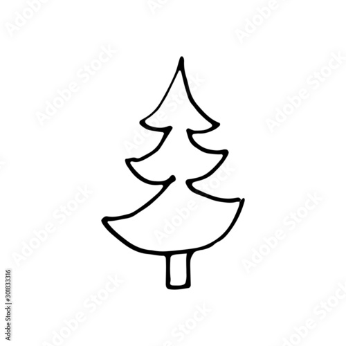 Hand drawn doodle of Christmas and Holidays trees. Trees for New Year and Christmas greeting cards, wrapping holiday design. Vector art illustration.