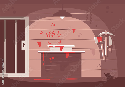 Horror themed escape room flat vector illustration. Prison cell and blood inscription on wall. Searching solution, crime investigation, solving mysteries. Quest room with hint. Modern entertainment