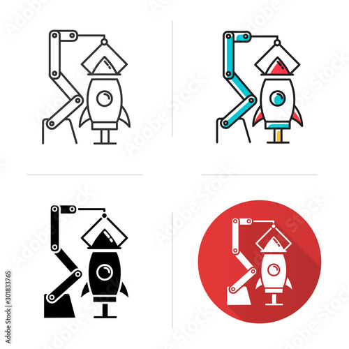 Aerospace industry icon. Aviation sector. Spacecraft construction and launch preparations. Rocket assembly. Missile building. Flat design, linear and color styles. Isolated vector illustrations