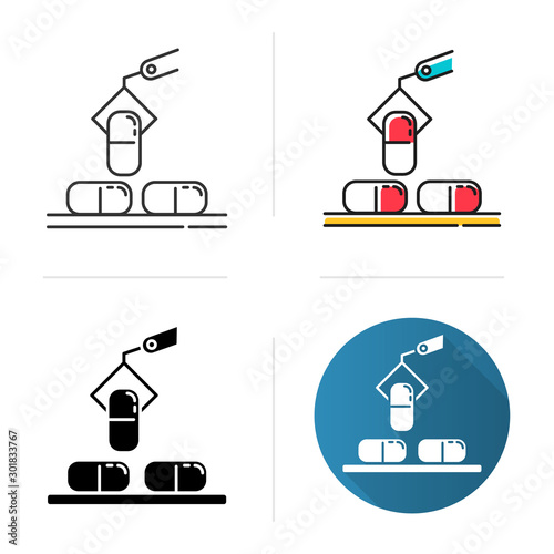 Pharmaceutical industry icon. Drug sector. Conveyor automatic pills production line at factory. Capsules manufacturing. Flat design, linear and color styles. Isolated vector illustrations