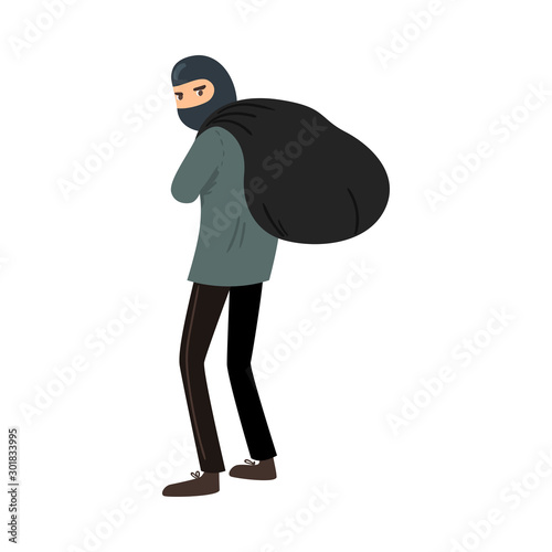 Thief in a black mask with a bag of loot. Vector illustration in flat cartoon style.