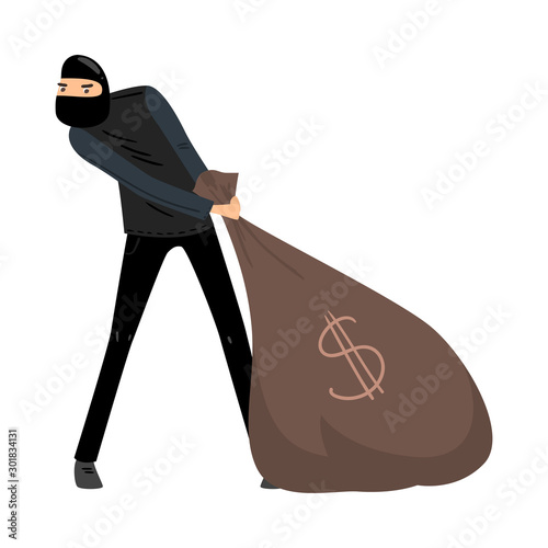 Thief in black mask pulls a bag of money. Vector illustration in flat cartoon style.