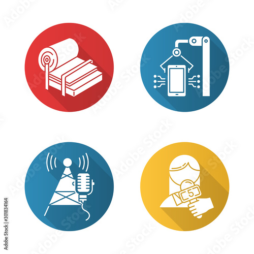 Industry types flat design long shadow glyph icons set. Pulp and paper production. Electronics facility. Broadcasting tower. News and media. Person with microphone. Vector silhouette illustration