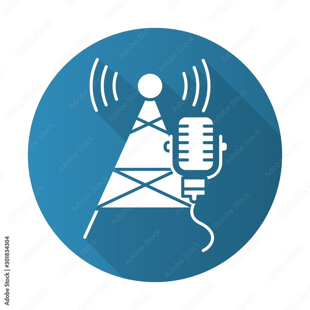 Broadcasting industry blue flat design long shadow glyph icon. Telecommunications and network. Soundwave signal. Telecom tower and microphone. News, radio. Vector silhouette illustration Broadcasting industry blue flat design long shadow glyph icon. Telecommunications and network. Soundwave signal. Telecom tower and microphone. News, radio. Vector silhouette illustration