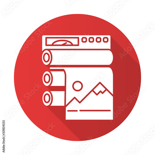 Publishing industry red flat design long shadow glyph icon. Printing equipment. Industrial paper press. Machinery to produce polygraphy. Automated production process. Vector silhouette illustration