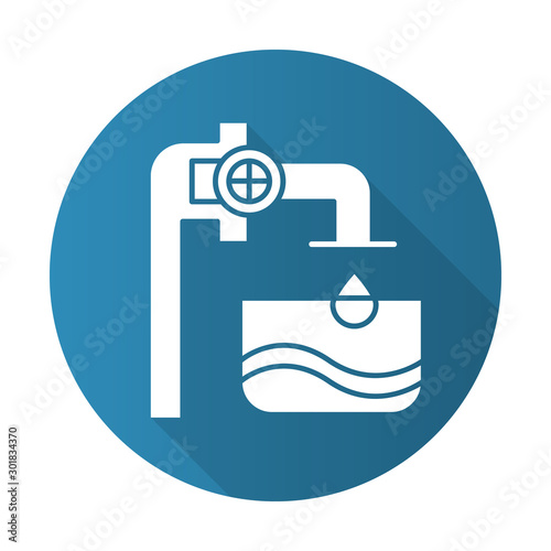 Water industry blue flat design long shadow glyph icon. Blue clear liquid in container. Pipes and valves. Water engineering. Beverage production services. Vector silhouette illustration