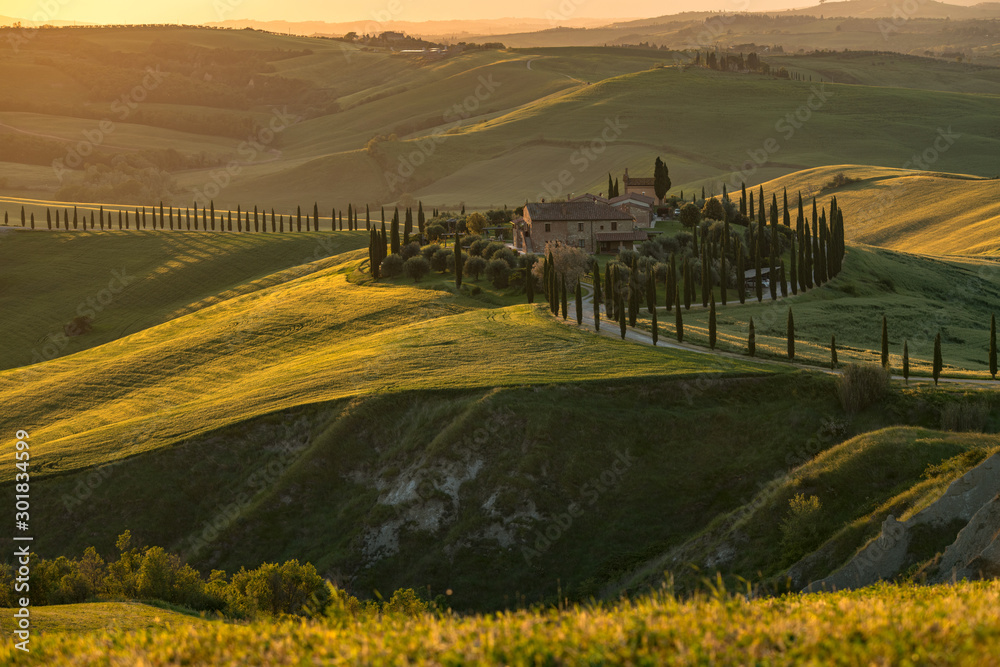 Obraz premium Farma w Toskanii, Włochy, zielone wzgórza podczas zachodu słońca
