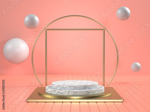 3d render image of white marble product podium background on bright pink floor for cosmetic branding or another product.