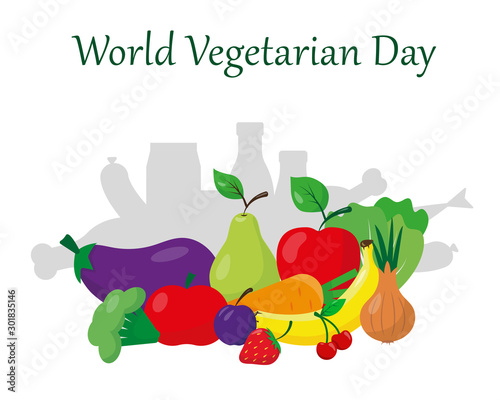 World vegatarian day concept. Bright vegetables and fruits and gray shadow of other products. Vector illustration.