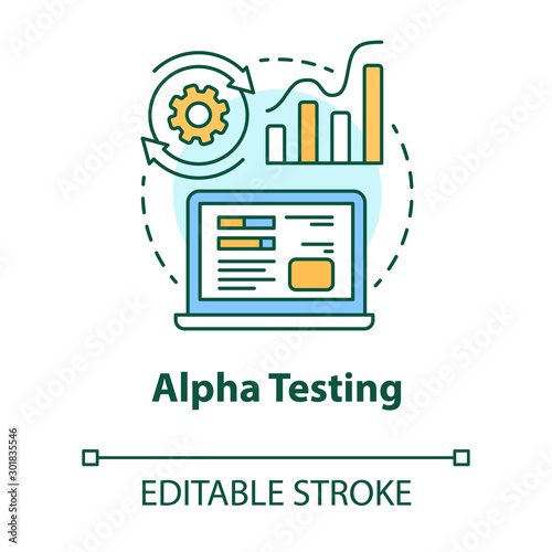 Alpha testing concept icon. Software development stage idea thin line illustration. Application perfomance verification. IT project managment. Vector isolated outline drawing. Editable stroke