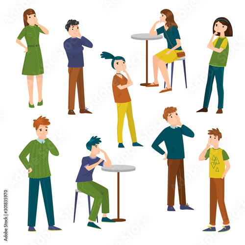 Set of thoughtful male and female. Vector illustration in flat cartoon style.