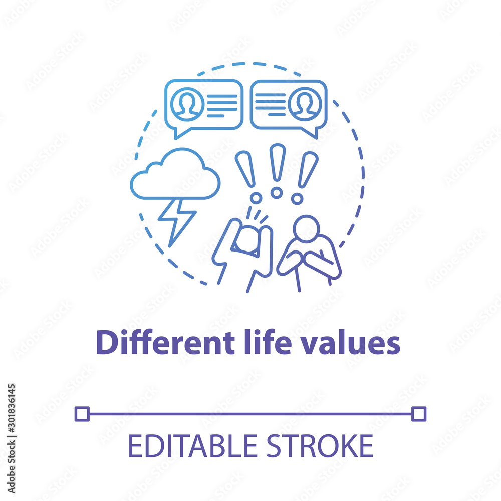 Different life values concept icon. Family quarrel. Disagreement. Inability to negotiate. Mutual accusations of partners idea thin line illustration. Vector isolated outline drawing. Editable stroke