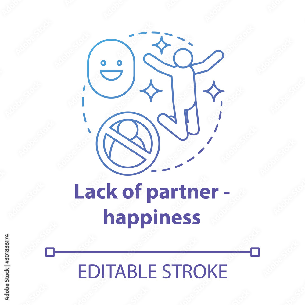 Lack of partner happiness concept icon. Joy of being alone. Happy divorce. Fun from breaking problem relationship idea thin line illustration. Vector isolated outline drawing. Editable stroke Lack of partner happiness concept icon. Joy of being alone. Happy divorce. Fun from breaking problem relationship idea thin line illustration. Vector isolated outline drawing. Editable stroke