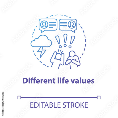 Different life values concept icon. Family quarrel. Disagreement. Inability to negotiate. Mutual accusations of partners idea thin line illustration. Vector isolated outline drawing. Editable stroke