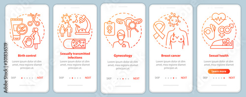 Women healthcare red onboarding mobile app page screen vector template. Birth control, breast cancer, sexual health. Walkthrough website steps with linear icons. UX, UI, GUI smartphone interface