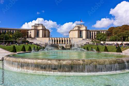 Trocadero palace and fountain near Eiffel Tower in Paris, France